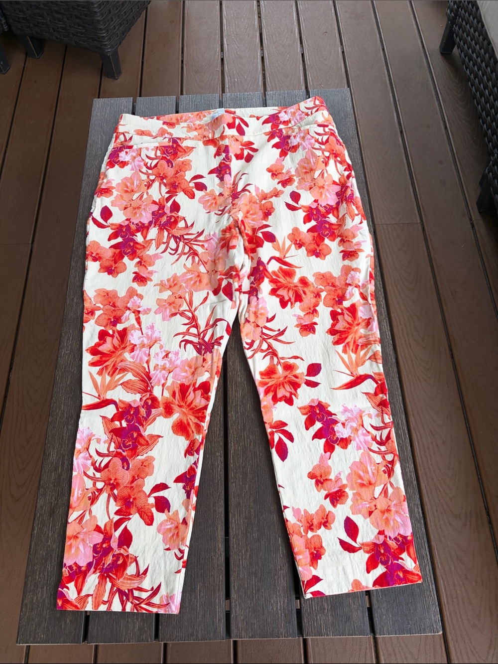 Chico's Cream Pull On Pants with Coral and Pink Floral Accents